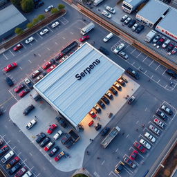 An aerial view of a pickup truck company named 'Serpens,' showcasing the physical layout of the business