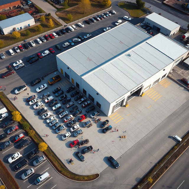 An aerial view of a pickup truck company named 'Serpens,' showcasing the physical layout of the business