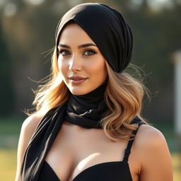 A beautiful woman wearing a hijab, with a black headscarf elegantly framing her face, revealing loosely flowing light brown hair