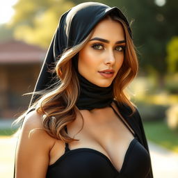 A beautiful woman wearing a hijab, with a black headscarf elegantly framing her face, revealing loosely flowing light brown hair