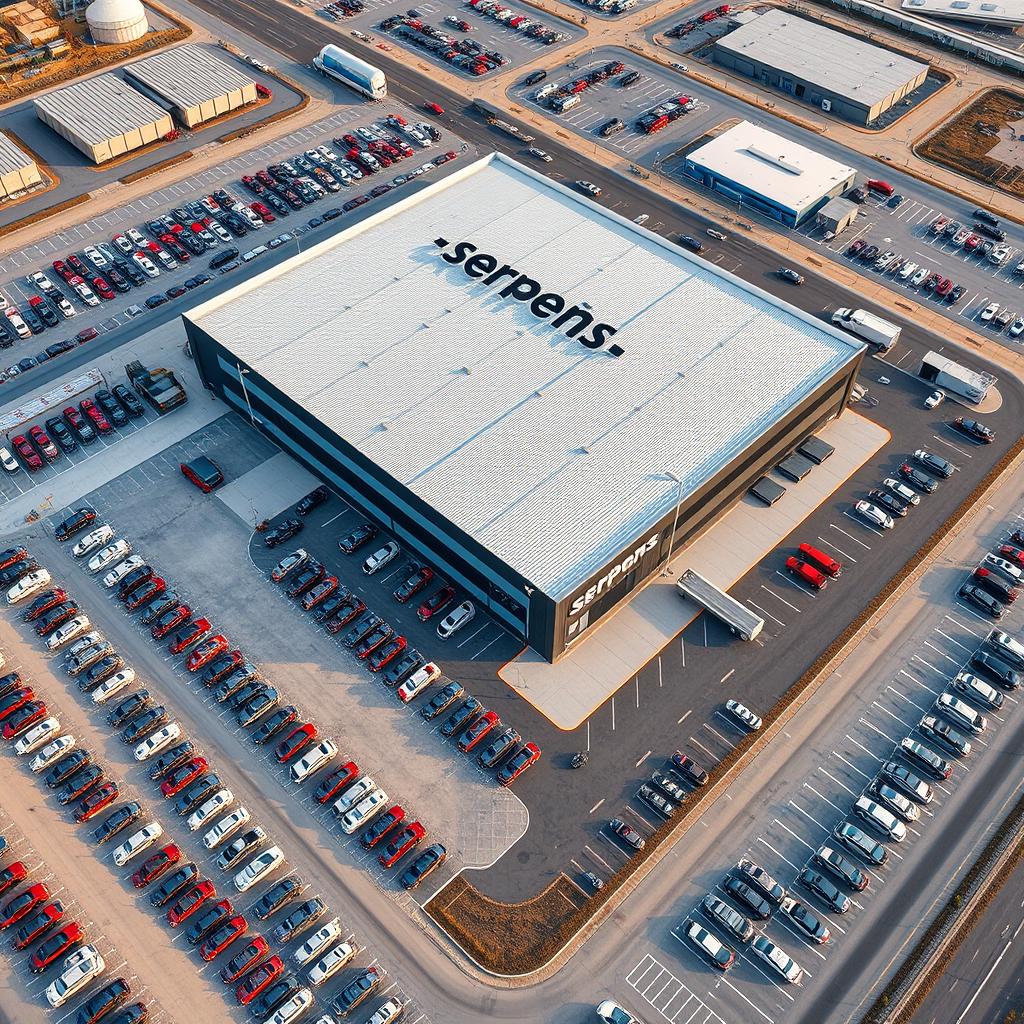 An aerial view of a massive pickup truck company named 'Serpens,' featuring an expansive and impressive facility