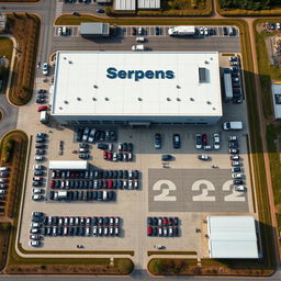 An aerial view of a massive pickup truck company named 'Serpens,' featuring an expansive and impressive facility