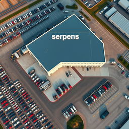 An aerial view of a massive pickup truck company named 'Serpens,' featuring an expansive and impressive facility