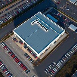 An aerial view of a massive pickup truck company named 'Serpens,' featuring an expansive and impressive facility