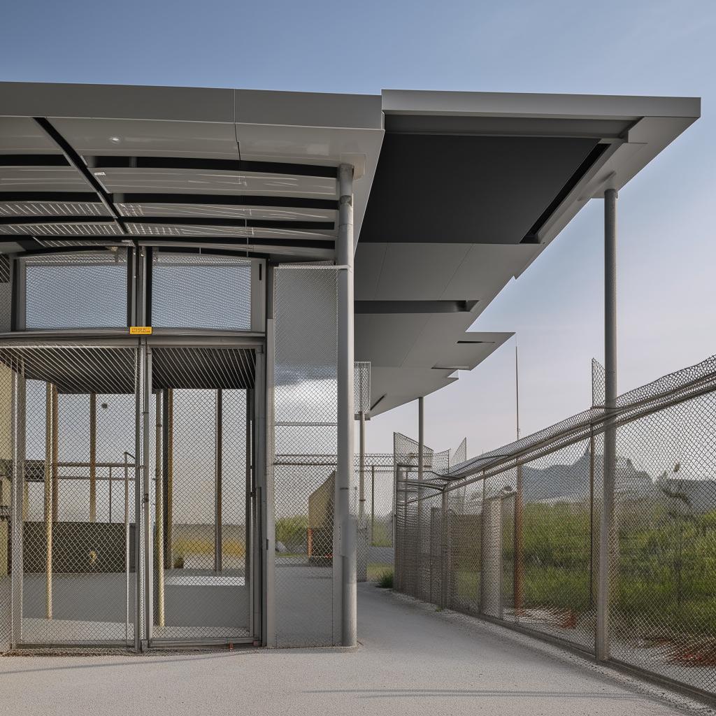 The entrance of a state-of-the-art maximum-security penitentiary, along with the adjoining road, featuring reinforced gates, comprehensive surveillance systems, and robust architecture.