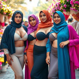 A group of confident women with attractive, curvy bodies and large breasts, elegantly dressed in colorful hijabs