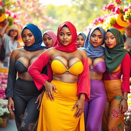 A group of confident women with attractive, curvy bodies and large breasts, elegantly dressed in colorful hijabs