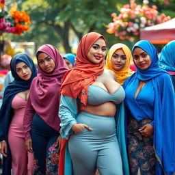 A group of confident women with attractive, curvy bodies and large breasts, elegantly dressed in colorful hijabs