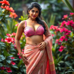 A voluptuous Indian woman with a striking figure, wearing a sexy pink bra and a beautifully draped saree that highlights her curves