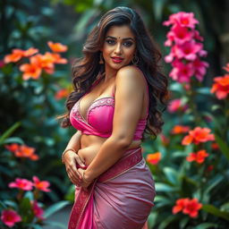 A voluptuous Indian woman with a striking figure, wearing a sexy pink bra and a beautifully draped saree that highlights her curves