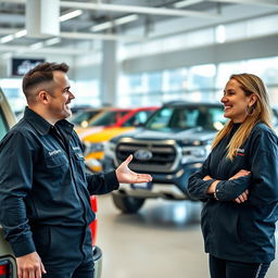 A vibrant scene depicting a worker in a sleek black uniform with the company name 'Serpens' prominently displayed, engaging with a delighted customer at a pickup truck dealership