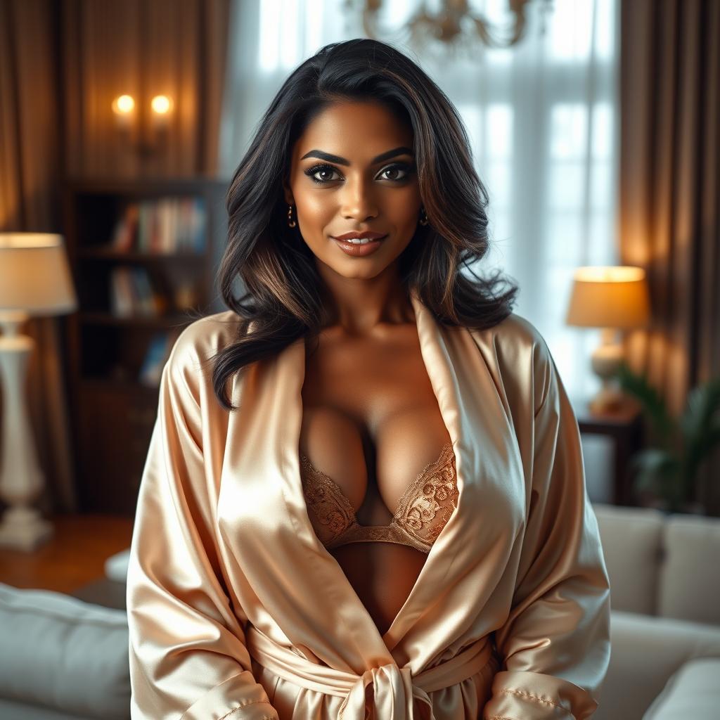 A beautiful Indian woman, embodying the allure of a confident, attractive mature female, wearing a luxurious silk bathrobe