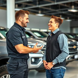 A vibrant scene depicting a worker in a sleek black uniform with the company name 'Serpens' prominently displayed, engaging with a delighted customer at a pickup truck dealership