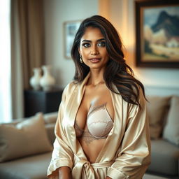 A beautiful Indian woman, embodying the allure of a confident, attractive mature female, wearing a luxurious silk bathrobe