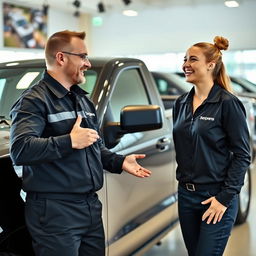 A vibrant scene depicting a worker in a sleek black uniform with the company name 'Serpens' prominently displayed, engaging with a delighted customer at a pickup truck dealership