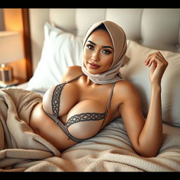 A beautiful, sexy woman with large breasts lies gracefully on a luxurious bed