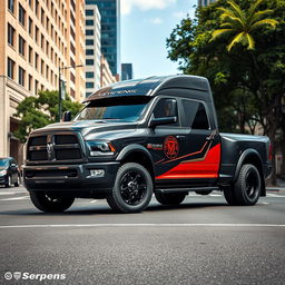 Uma caminhonete inspirada no design da Dodge Ram, com um emblema que diz 'Serpens' destacado na lateral