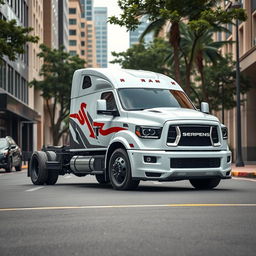 Uma caminhonete inspirada no design da Dodge Ram, com um emblema que diz 'Serpens' destacado na lateral