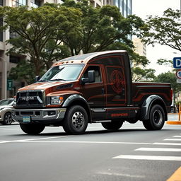 Uma caminhonete inspirada no design da Dodge Ram, com um emblema que diz 'Serpens' destacado na lateral