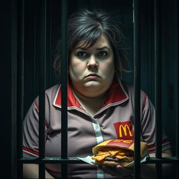 A 28-year-old overweight woman, approximately 80kg, representing lower middle-class, with an anxious and irritable expression