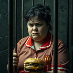 A 28-year-old overweight woman, approximately 80kg, representing lower middle-class, with an anxious and irritable expression