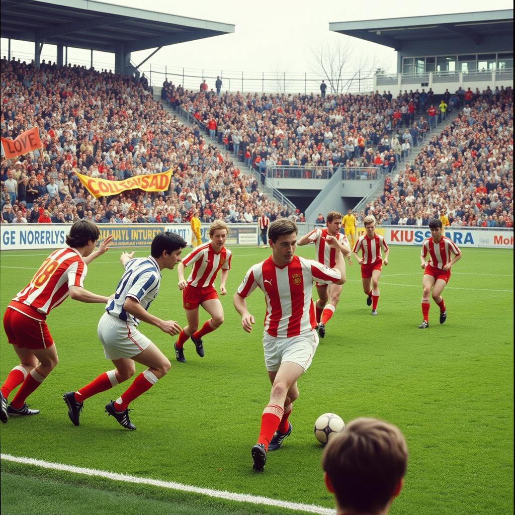 A vibrant soccer match in a bustling stadium, showcasing players in classic red and white striped jerseys sprinting across a lush green field