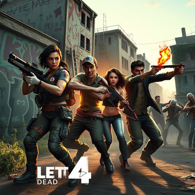 A vibrant and action-packed scene inspired by Left 4 Dead 2, featuring a group of four diverse survivors fighting against hordes of zombies in a post-apocalyptic urban setting