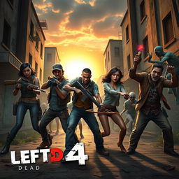 A vibrant and action-packed scene inspired by Left 4 Dead 2, featuring a group of four diverse survivors fighting against hordes of zombies in a post-apocalyptic urban setting