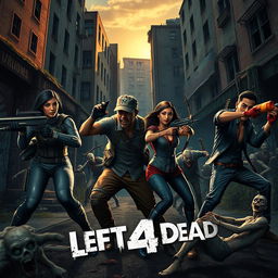 A vibrant and action-packed scene inspired by Left 4 Dead 2, featuring a group of four diverse survivors fighting against hordes of zombies in a post-apocalyptic urban setting