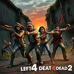 A vibrant and action-packed scene inspired by Left 4 Dead 2, featuring a group of four diverse survivors fighting against hordes of zombies in a post-apocalyptic urban setting