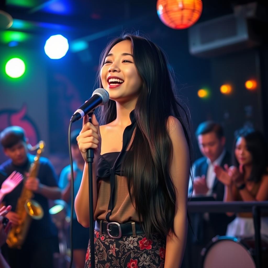 An Indonesian girl with long black hair wearing a stylish jazz outfit singing passionately on stage at a vibrant jazz club