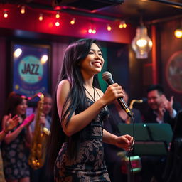 An Indonesian girl with long black hair wearing a stylish jazz outfit singing passionately on stage at a vibrant jazz club