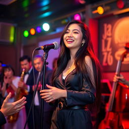 An Indonesian girl with long black hair wearing a stylish jazz outfit singing passionately on stage at a vibrant jazz club