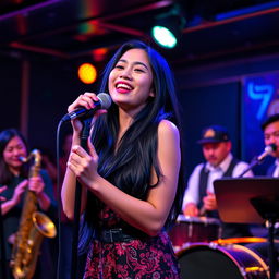 An Indonesian girl with long black hair wearing a stylish jazz outfit singing passionately on stage at a vibrant jazz club