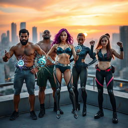 A group of diverse, strong individuals with magnetic attributes, standing confidently in a dynamic urban environment