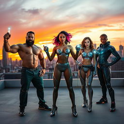 A group of diverse, strong individuals with magnetic attributes, standing confidently in a dynamic urban environment