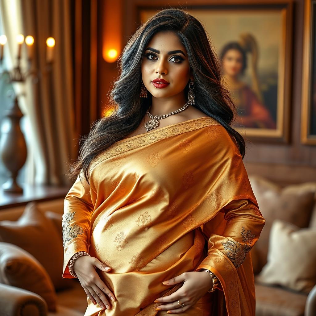 A seductive Indian milf, showcasing her captivating curves, dressed in a luxurious silk saree that elegantly drapes around her voluptuous figure