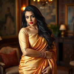 A seductive Indian milf, showcasing her captivating curves, dressed in a luxurious silk saree that elegantly drapes around her voluptuous figure