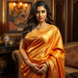 A seductive Indian milf, showcasing her captivating curves, dressed in a luxurious silk saree that elegantly drapes around her voluptuous figure