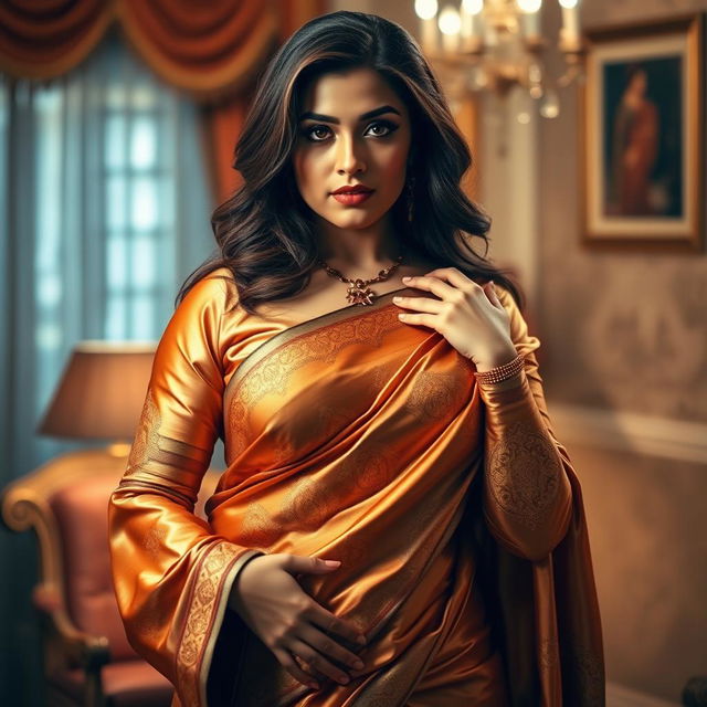 A seductive Indian milf, showcasing her captivating curves, dressed in a luxurious silk saree that elegantly drapes around her voluptuous figure