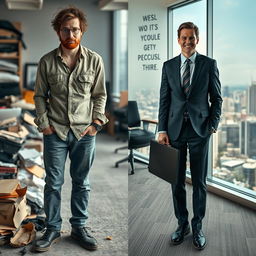 A powerful transformation scene featuring one individual who appears initially disheveled and uncertain, transitioning into a successful business person