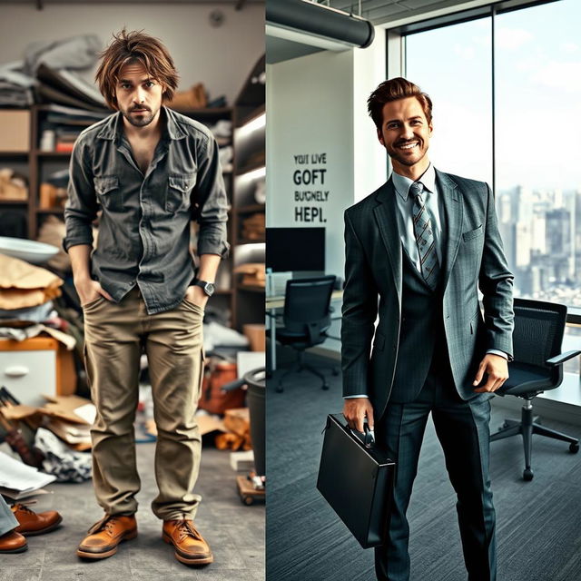 A powerful transformation scene featuring one individual who appears initially disheveled and uncertain, transitioning into a successful business person