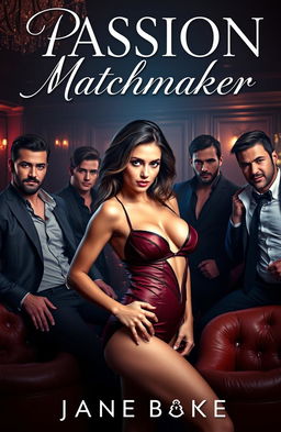 An alluring cover for an erotic romance novel titled 'Passion Matchmaker', featuring a captivating woman in a seductive outfit surrounded by several handsome men in a sophisticated pleasure club setting