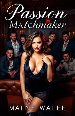 An alluring cover for an erotic romance novel titled 'Passion Matchmaker', featuring a captivating woman in a seductive outfit surrounded by several handsome men in a sophisticated pleasure club setting