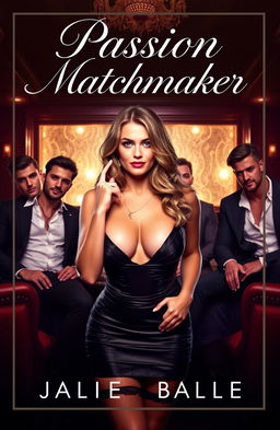 An alluring cover for an erotic romance novel titled 'Passion Matchmaker', featuring a captivating woman in a seductive outfit surrounded by several handsome men in a sophisticated pleasure club setting