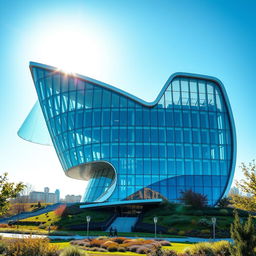 A stunning modern architectural building uniquely designed in the shape of the map of Ukraine