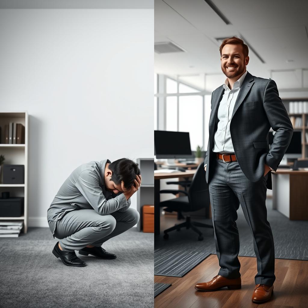 A dramatic transformation scene depicting a demotivated person evolving into a successful individual