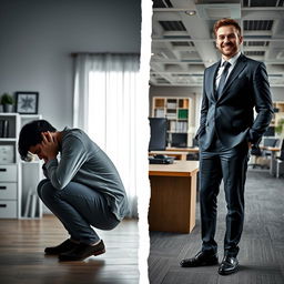 A dramatic transformation scene depicting a demotivated person evolving into a successful individual