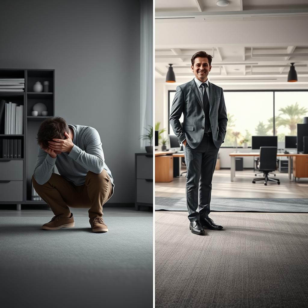 A dramatic transformation scene depicting a demotivated person evolving into a successful individual