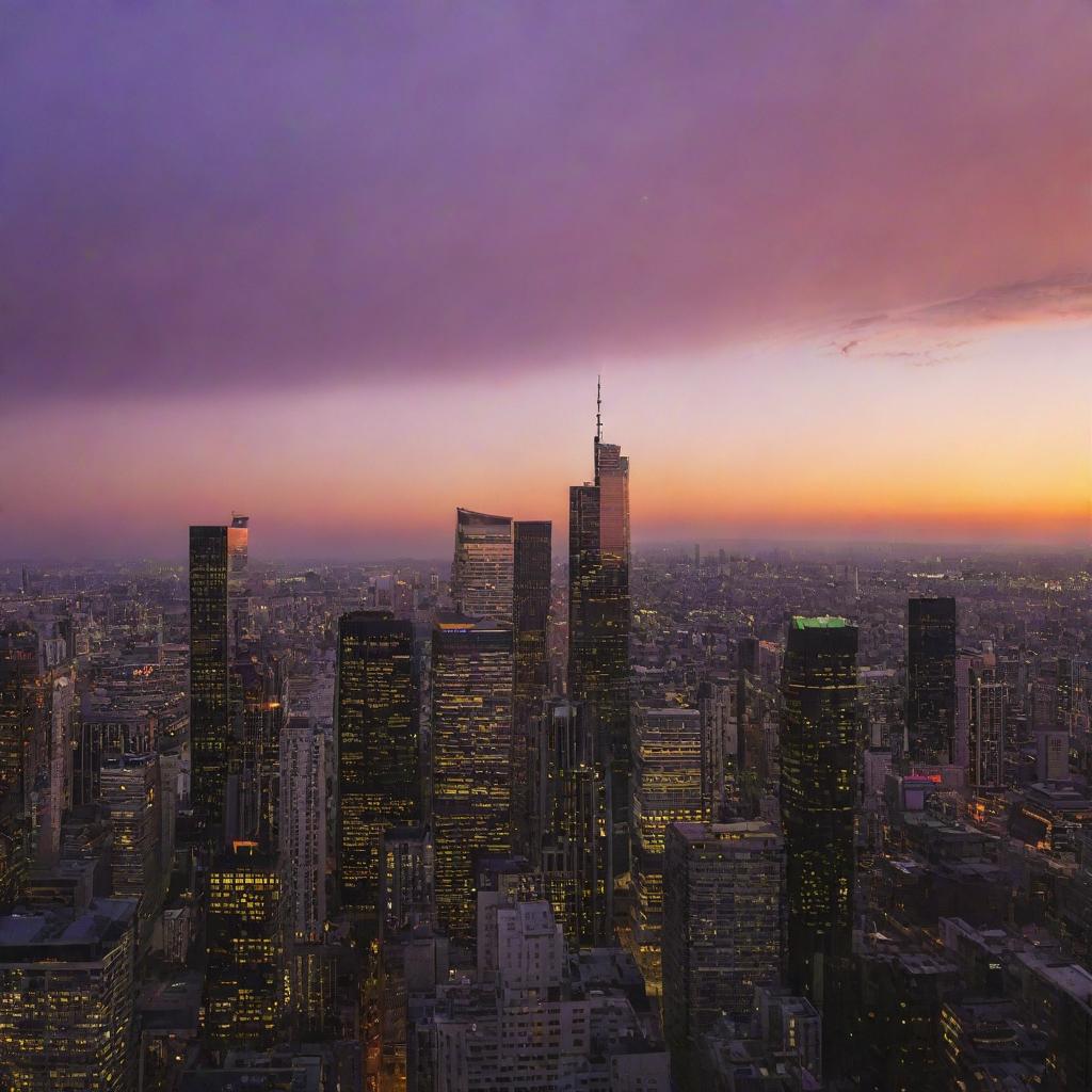 A sprawling cityscape bathed in the warm colors of sunset, with towering skyscrapers silhouetted against a blazing orange and purple sky.